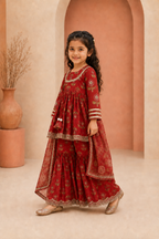 Girl wearing Maroon Red Floral Peplum Sharara Set by Miniminks