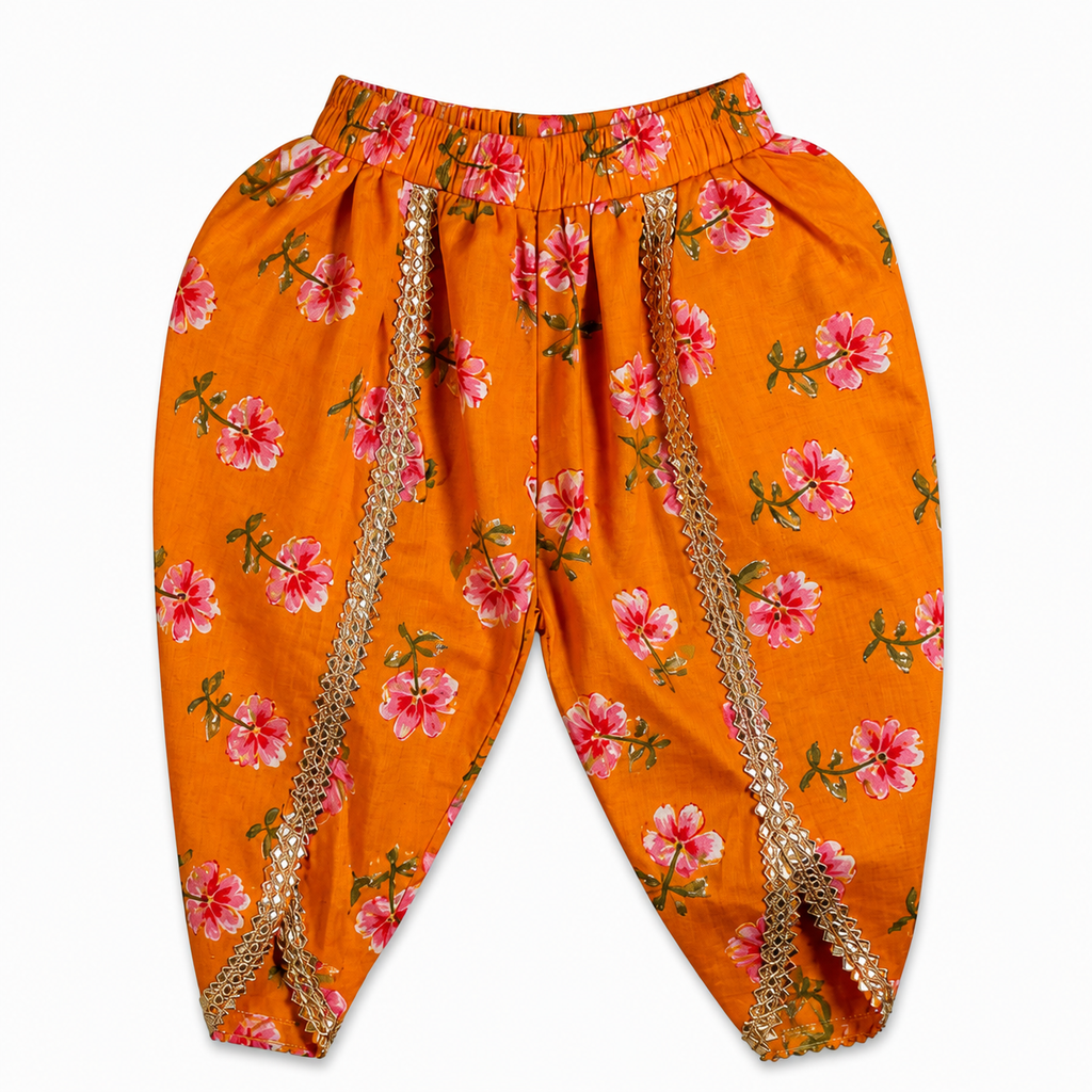 Orange pants with floral pattern and gold accents on a white background