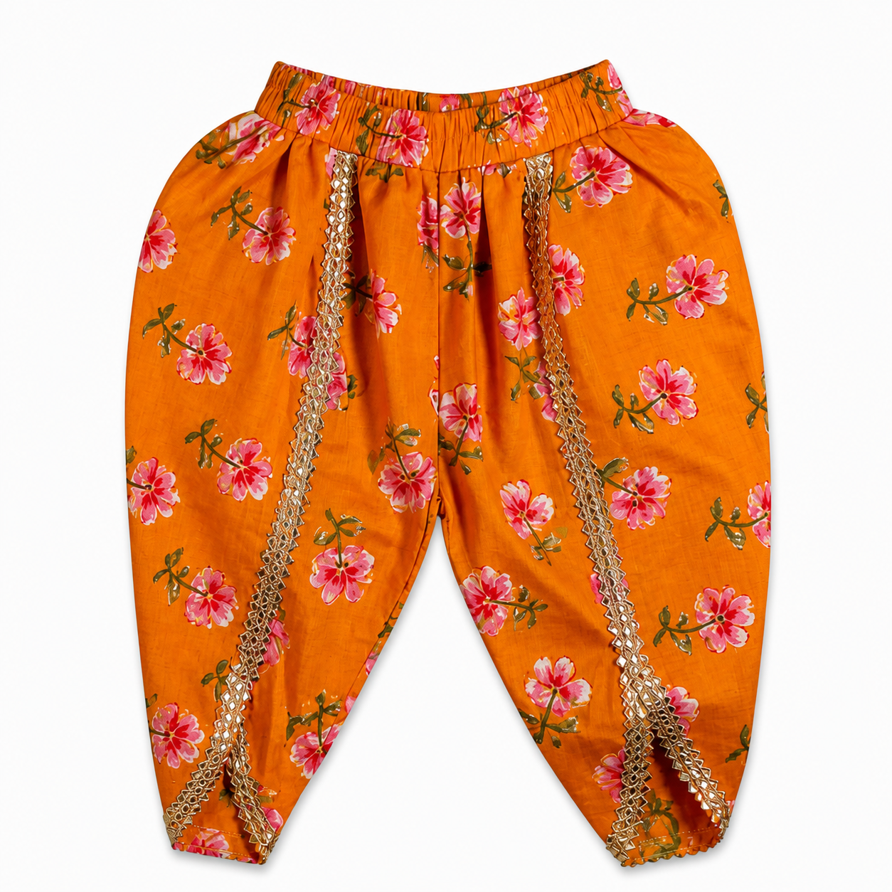 Orange pants with floral pattern and gold accents on a white background