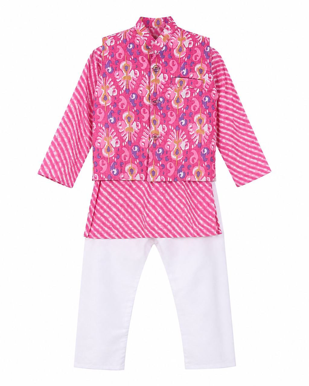 Pink floral and striped top with white pants on a white background