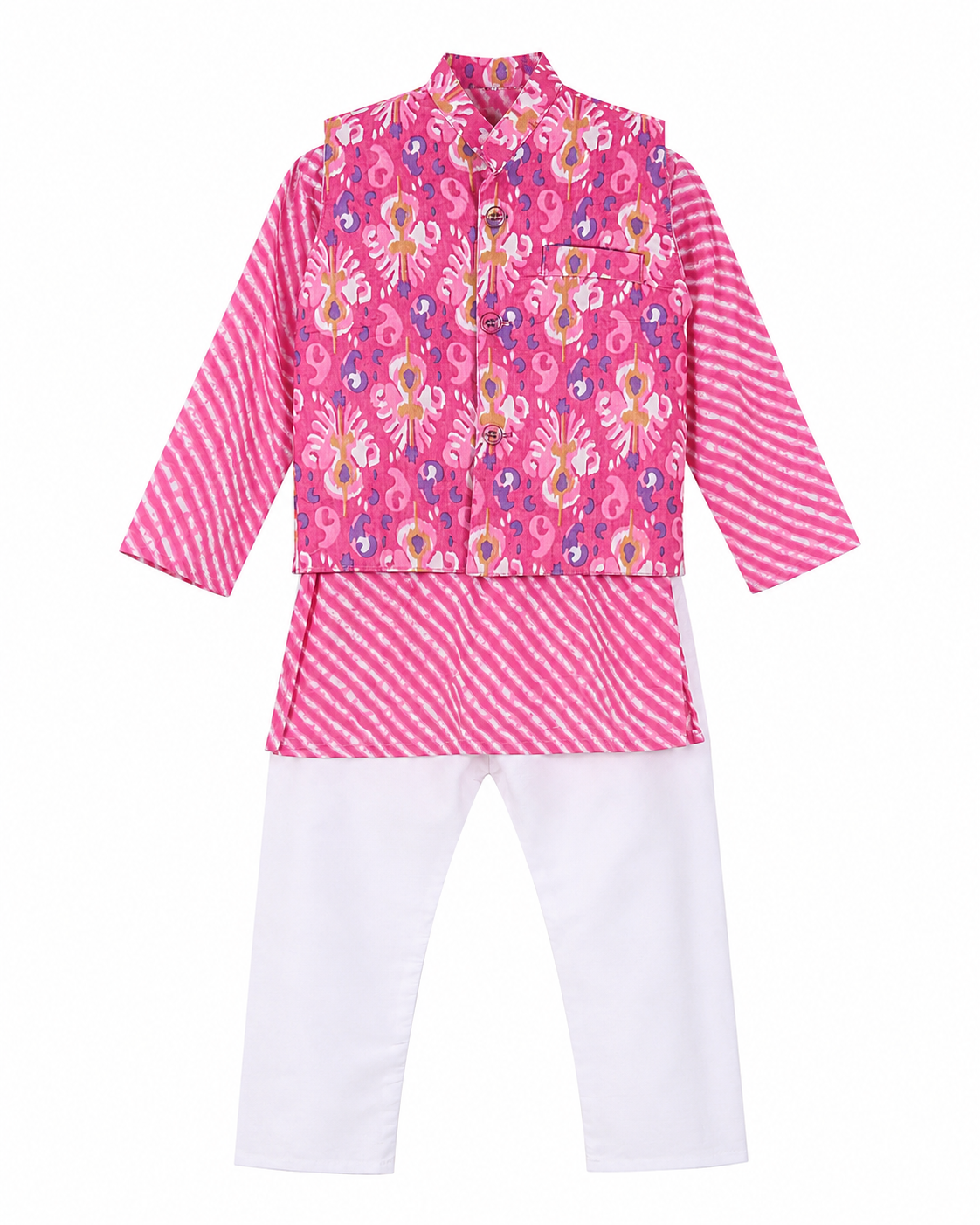 Pink floral and striped top with white pants on a white background