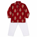 Maroon printed kurta with white pajama pants by Miniminks