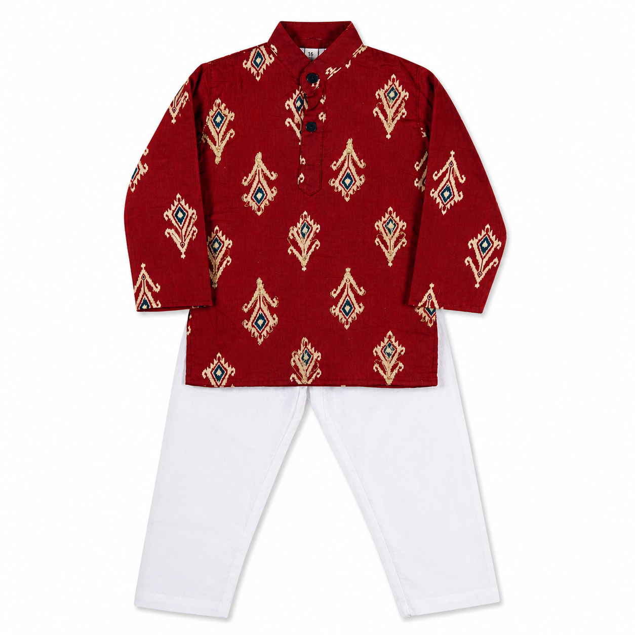 Maroon printed kurta with white pajama pants by Miniminks