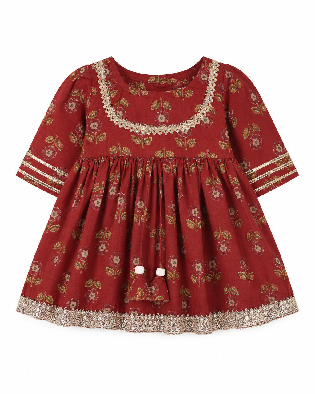 Red floral dress with gold accents on a white background