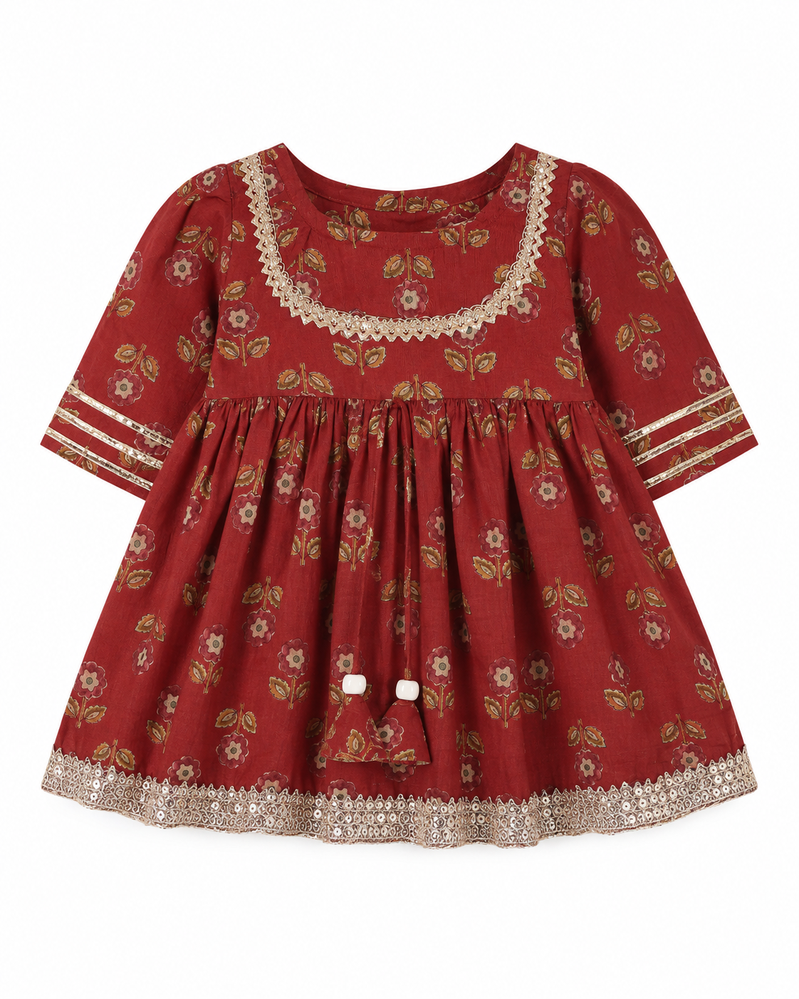 Red floral dress with gold accents on a white background