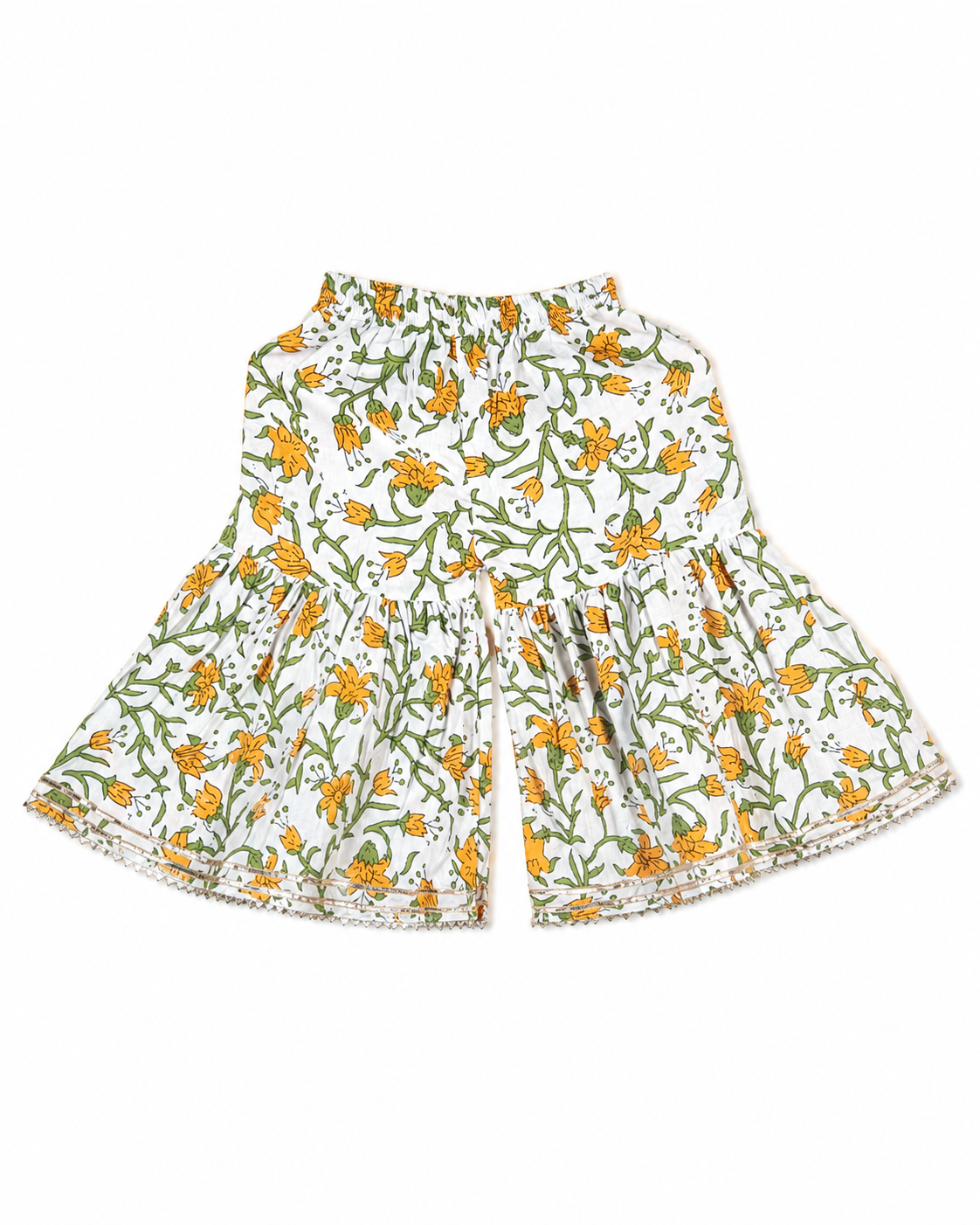 White floral sharara bottom with gold trim by Miniminks