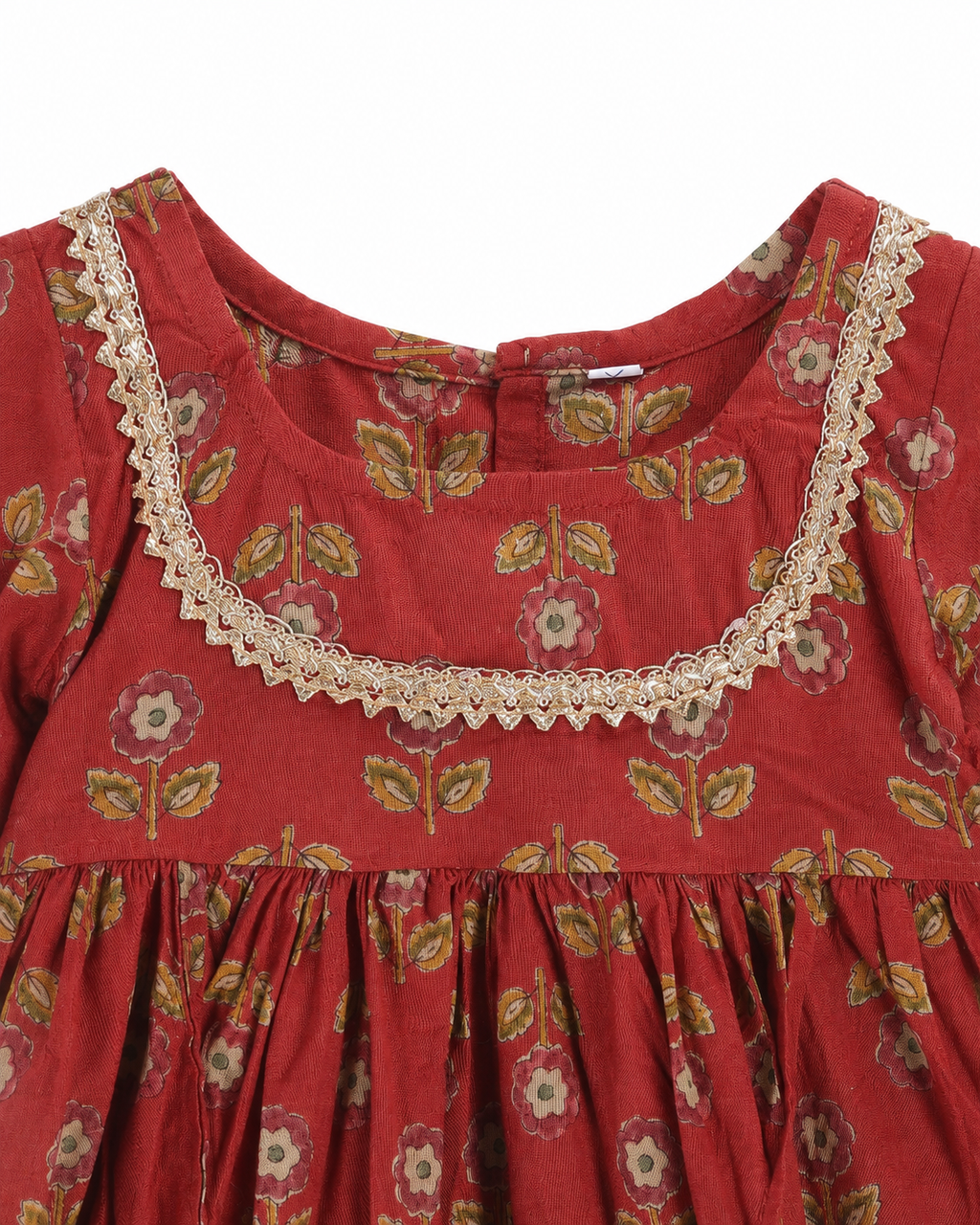 Red floral dress with lace trim on a white background