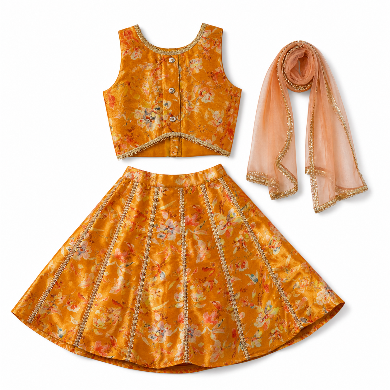 Orange traditional outfit with matching dupatta on a white background