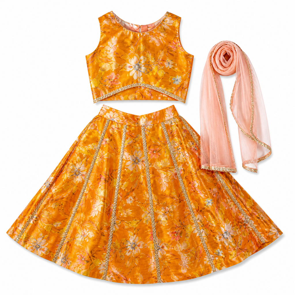 Orange traditional outfit with floral patterns and a matching pink dupatta on a white background