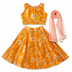 Orange traditional outfit with floral patterns and a matching pink dupatta on a white background