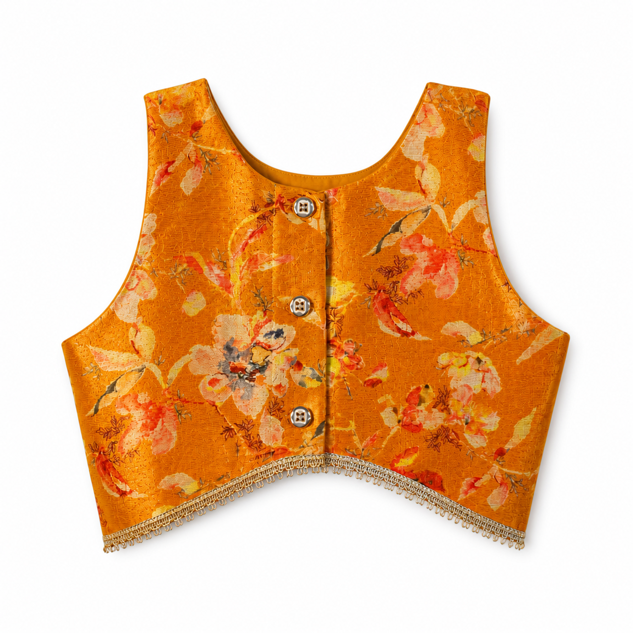 Orange floral patterned vest on a white background