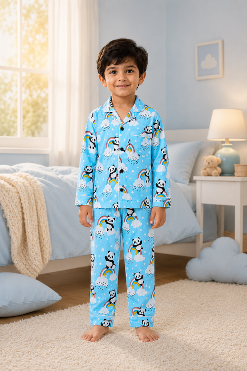 Child wearing a blue pajama set with panda and rainbow design in a bedroom.