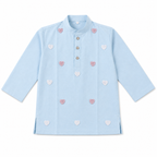 Light blue shirt with heart patterns on a white background