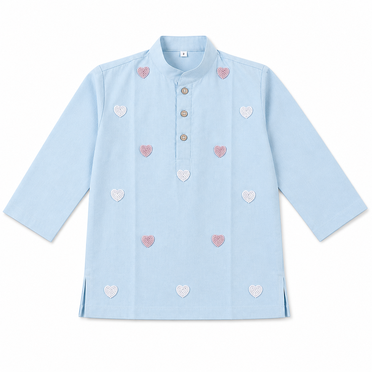 Light blue shirt with heart patterns on a white background