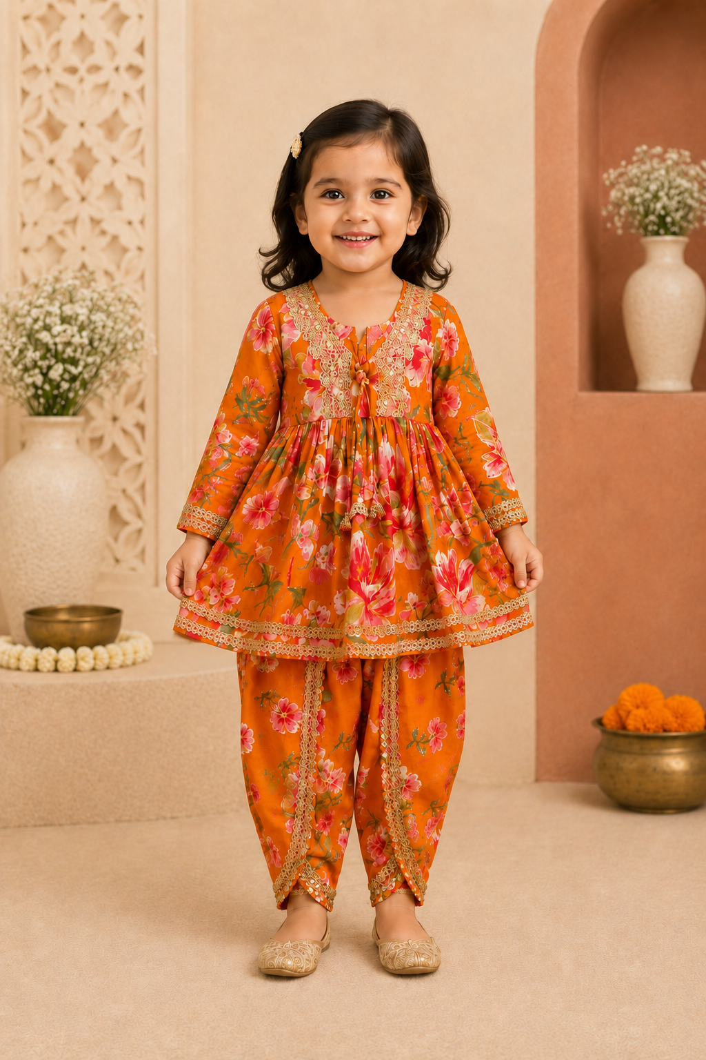 Young girl in a floral traditional outfit standing in a decorated room.