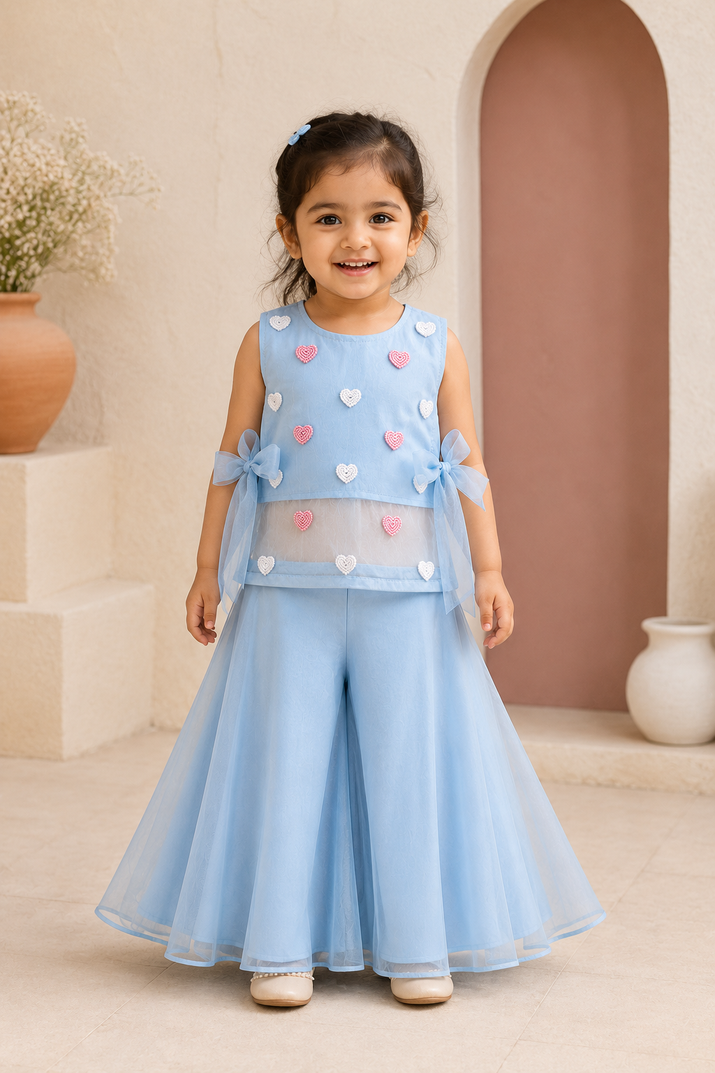 Young girl in a light blue dress with heart patterns standing in a decorative indoor setup.