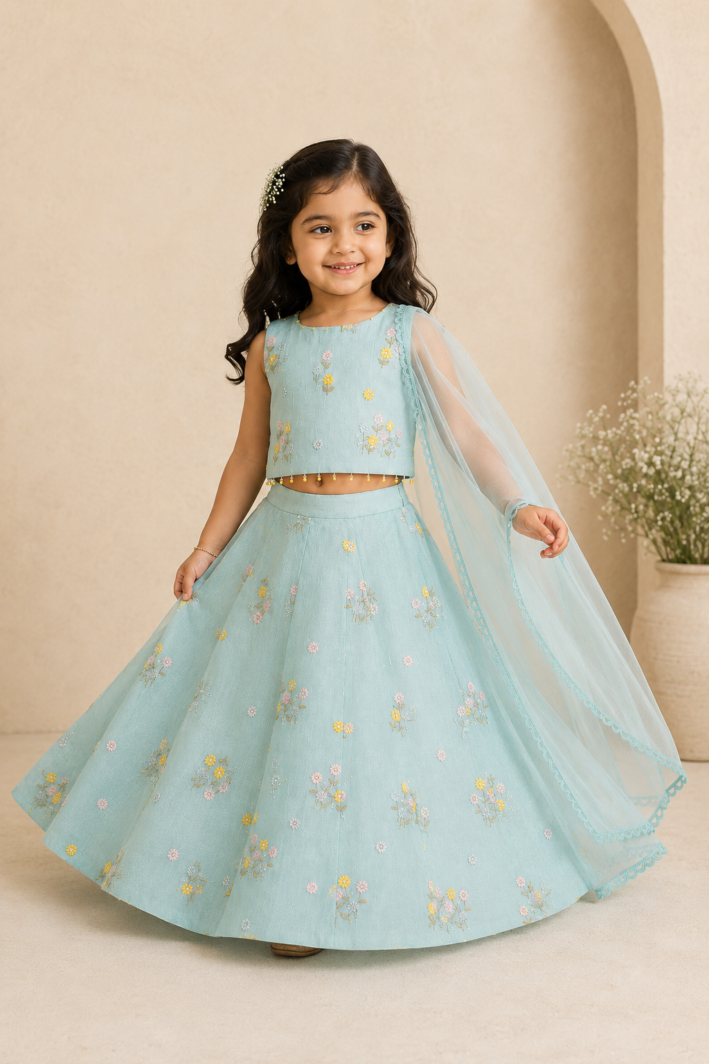 Young girl in a light blue embroidered traditional outfit with a beige background