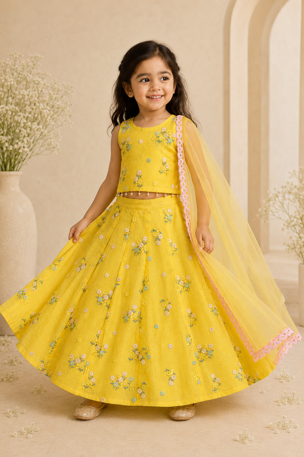 Young girl in a yellow floral dress with a matching dupatta standing against a neutral background.