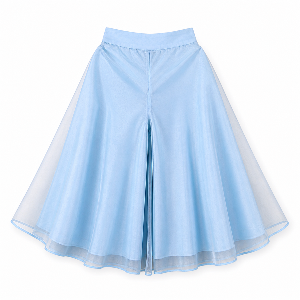 Light blue skirt with sheer overlay on a white background