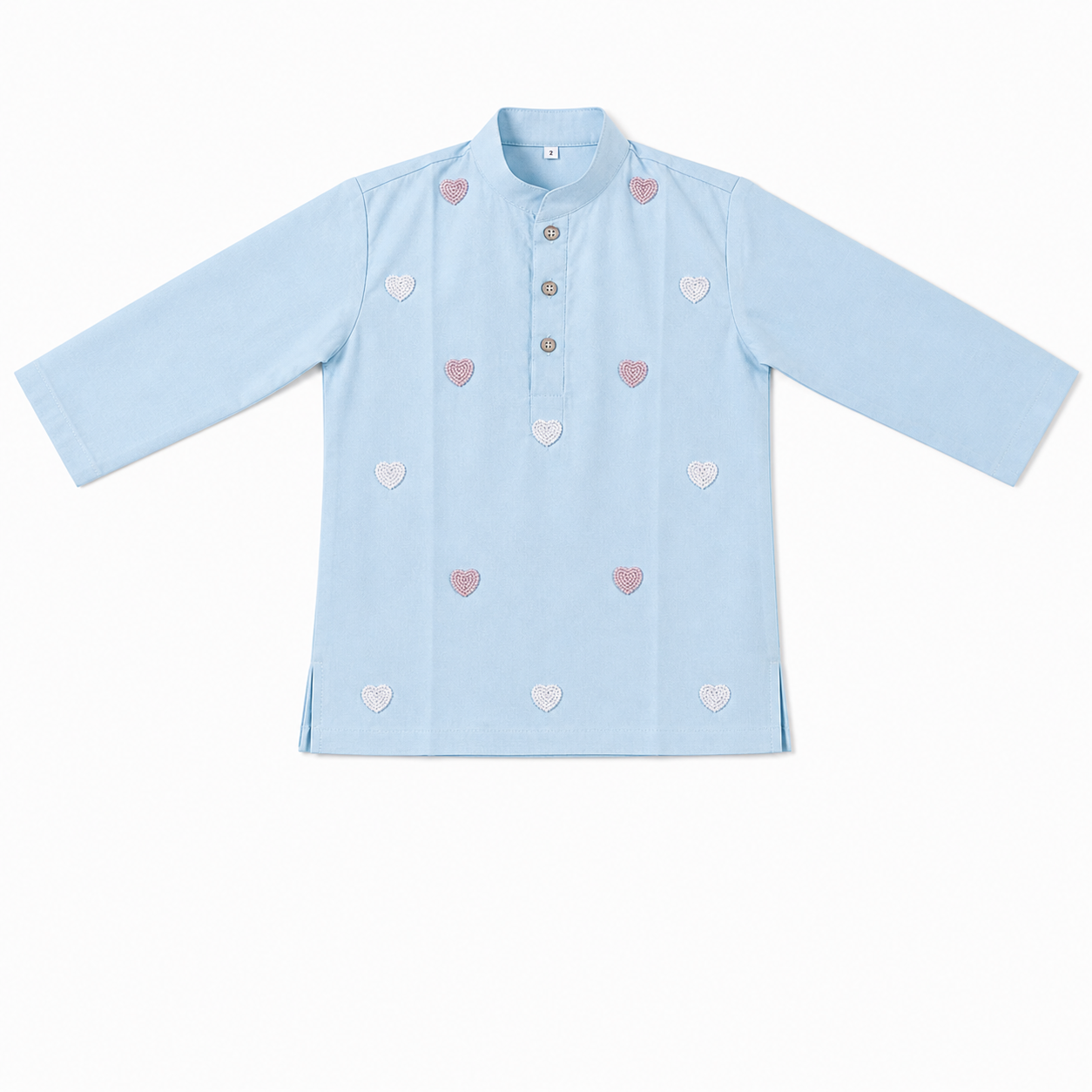 Light blue shirt with heart patterns on a white background