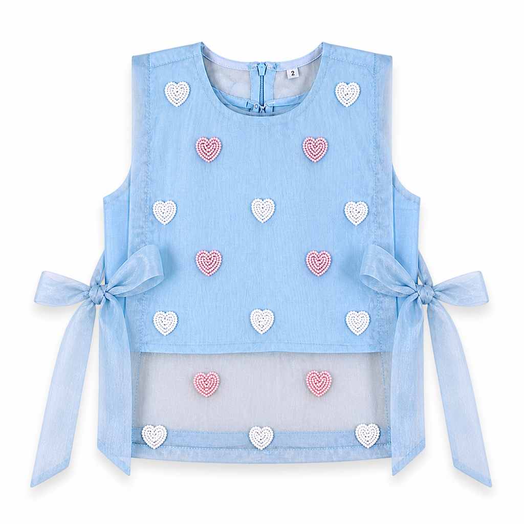 Powder blue tie-up top with heart detail by Miniminks
