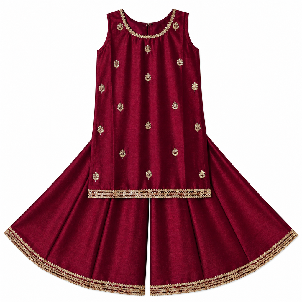 Maroon palazzo set for girls with sleeveless top by Miniminks
