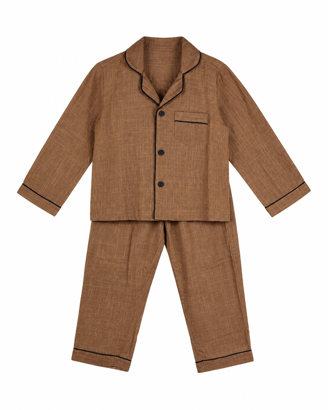 Brown pajama set with black piping on a white background