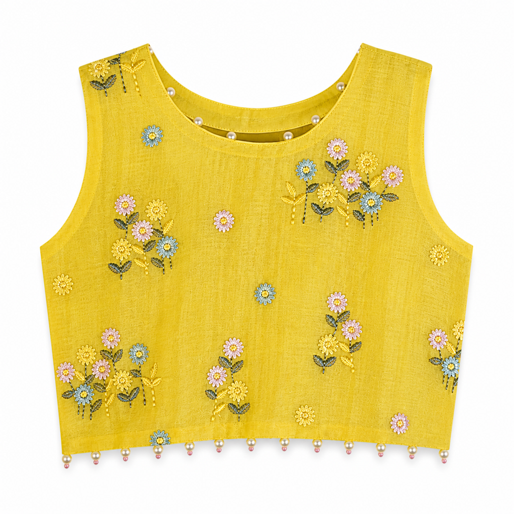 Yellow sleeveless top with floral embroidery on a white background