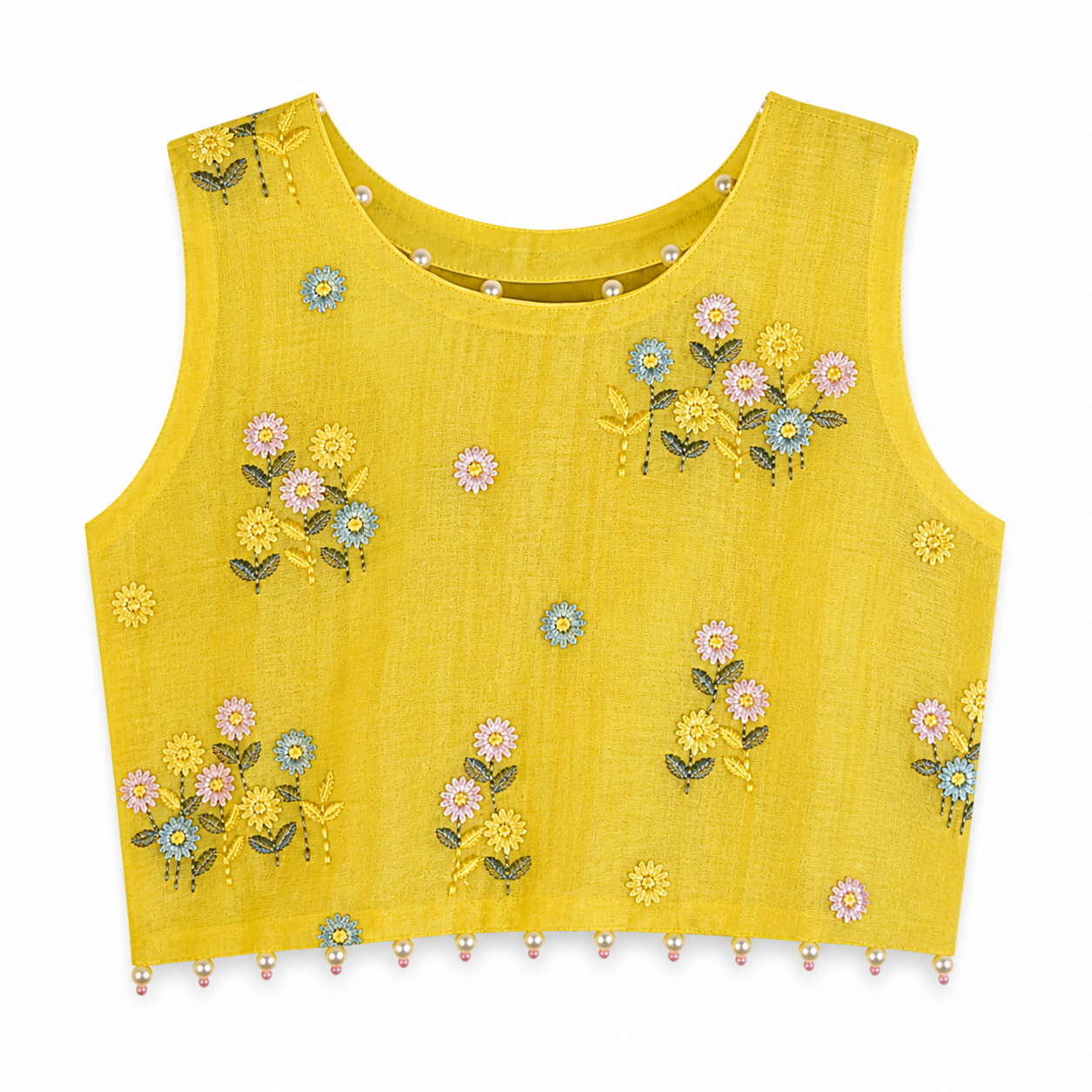 Yellow sleeveless top with floral embroidery on a white background