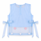 Light blue sleeveless top with heart patterns and ribbons on a white background