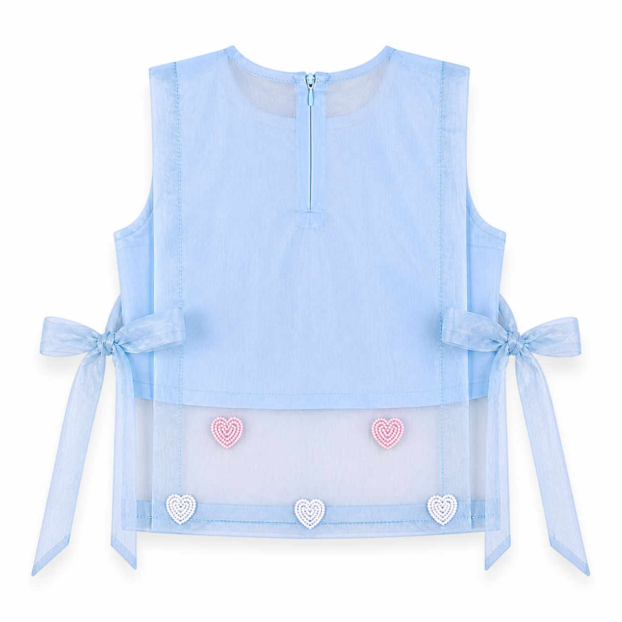 Light blue sleeveless top with heart patterns and ribbons on a white background