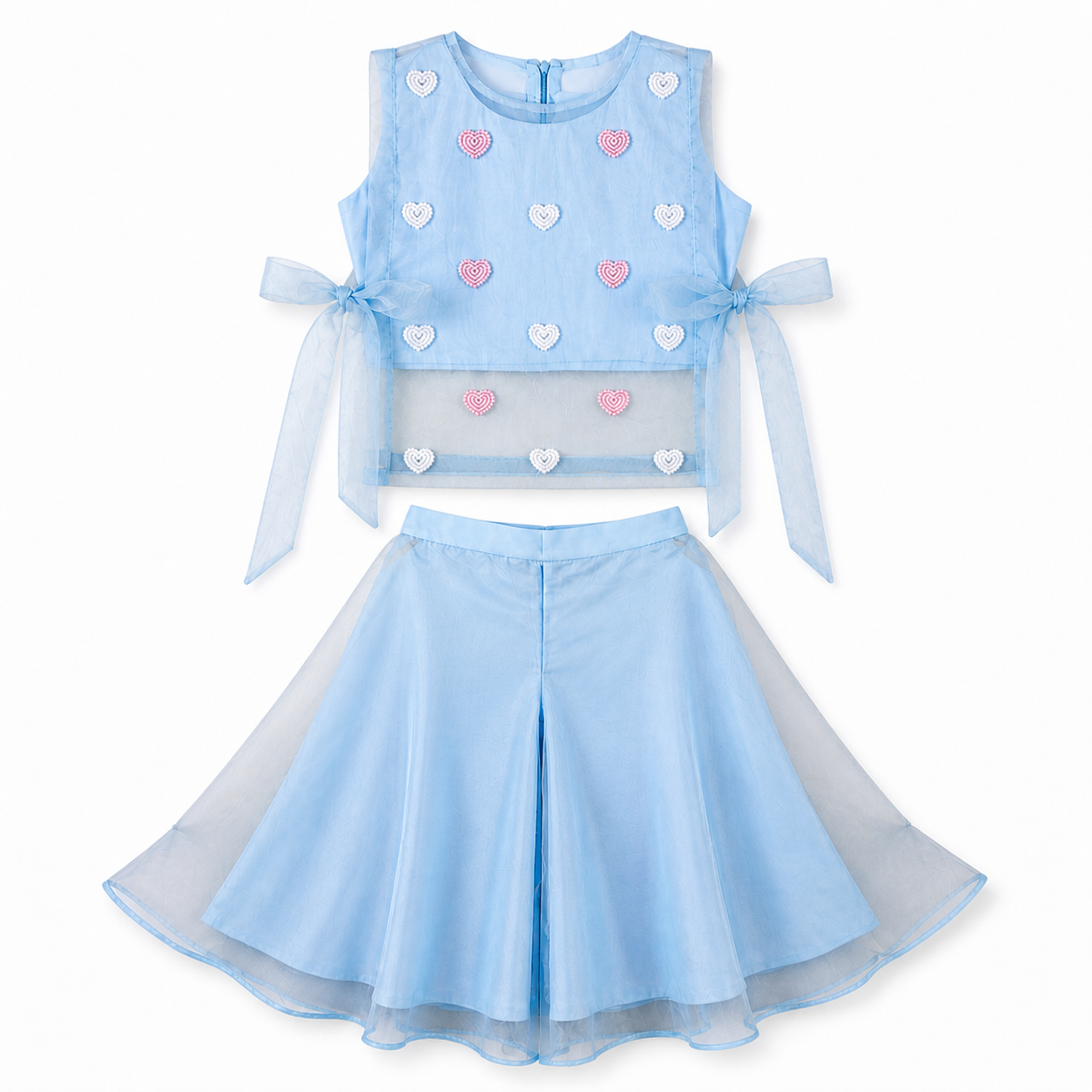 Light blue children's outfit with heart patterns on a white background