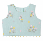 Light blue sleeveless top with floral embroidery on a white background