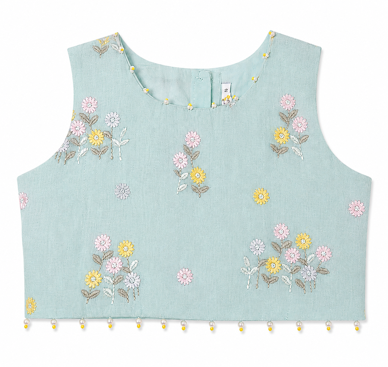 Light blue sleeveless top with floral embroidery on a white background