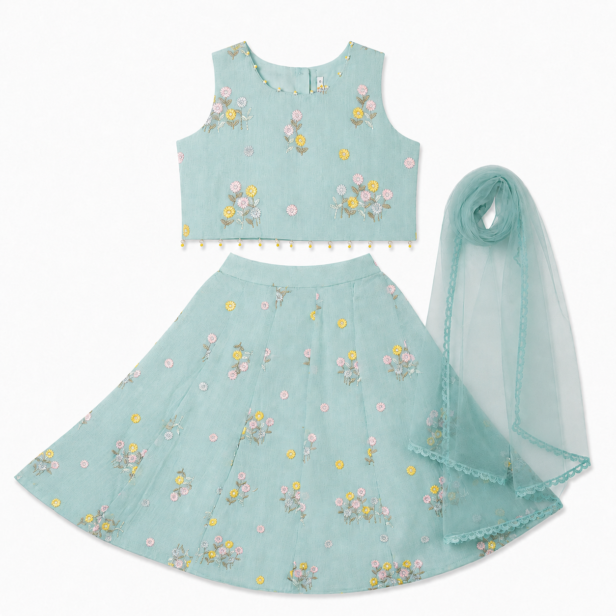 Light blue traditional outfit with floral patterns on a white background