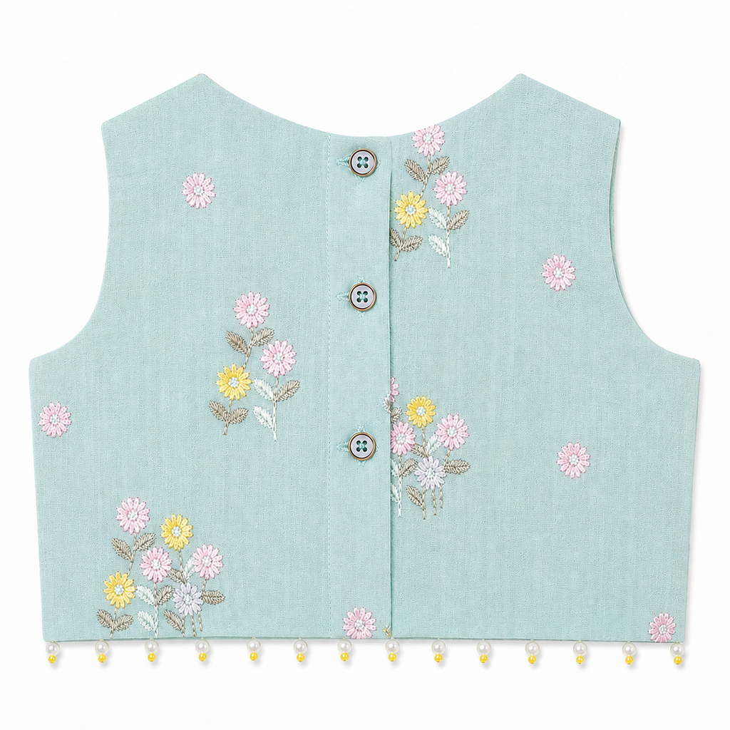 Pastel aqua green floral embroidered lehenga blouse by Miniminks