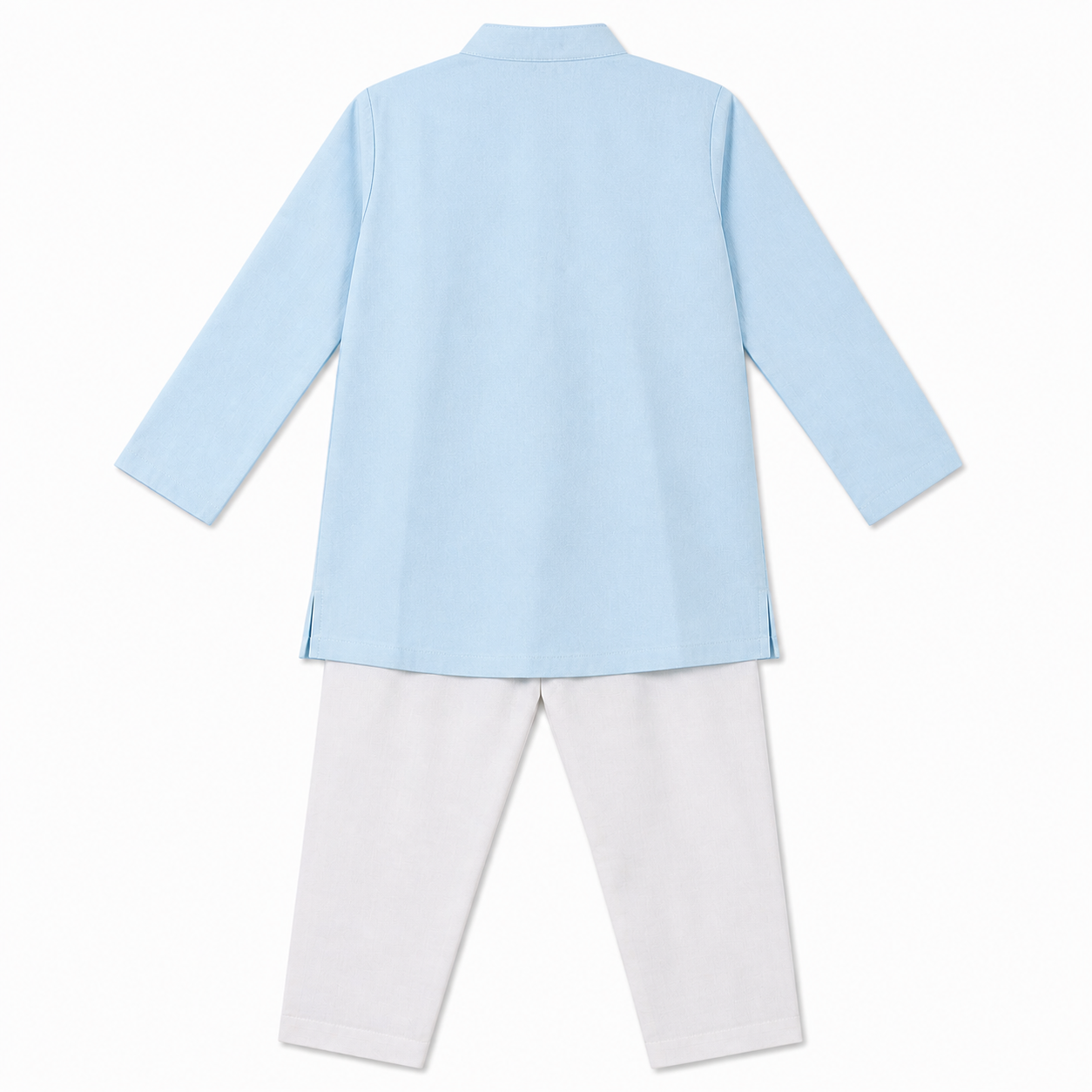 Light blue shirt and white pants on a white background