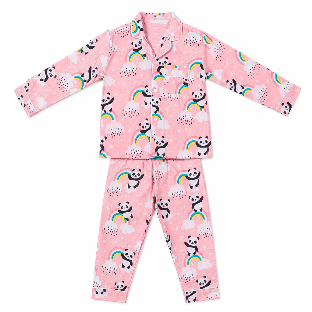 Children's pajama set with panda and rainbow pattern on pink background