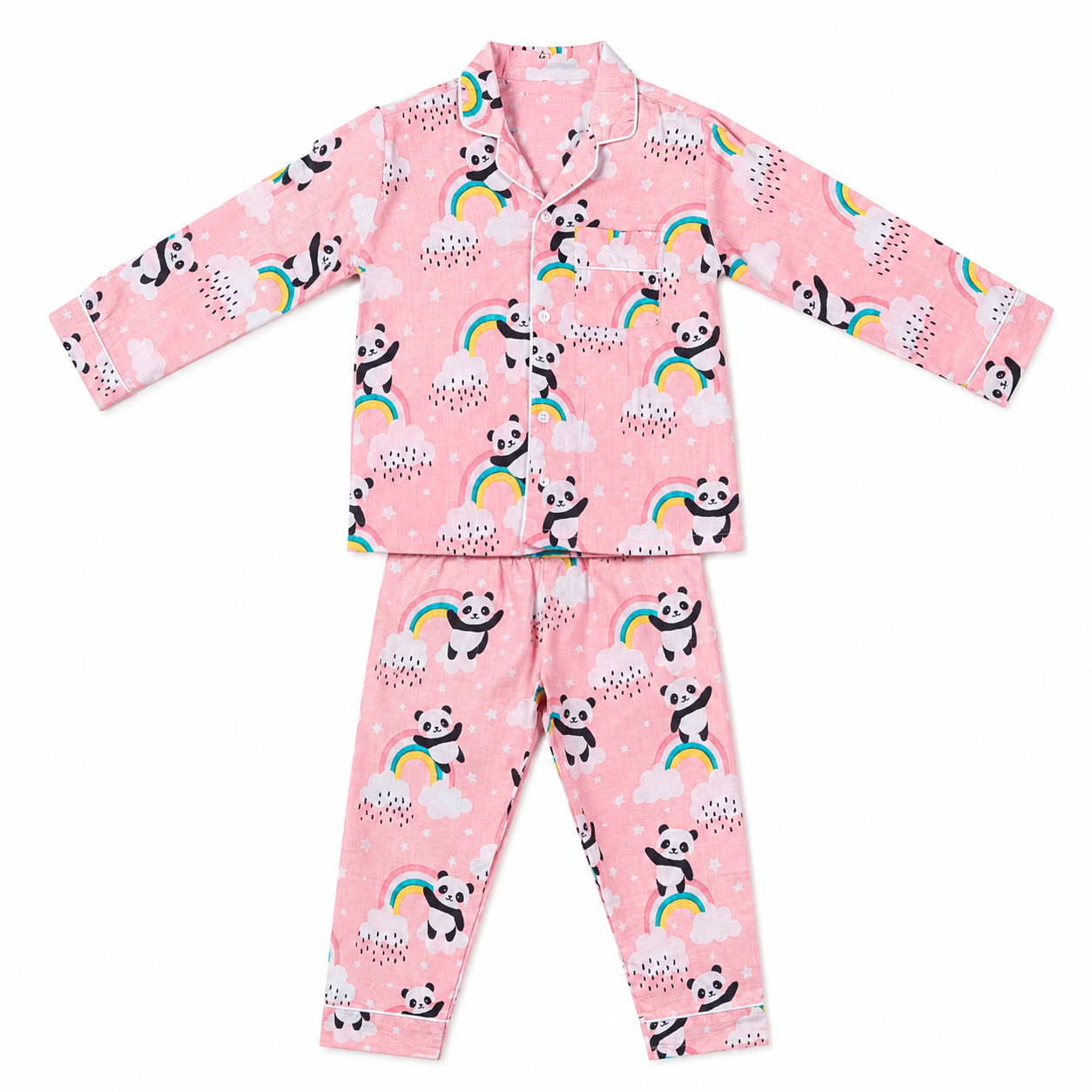 Children's pajama set with panda and rainbow pattern on pink background