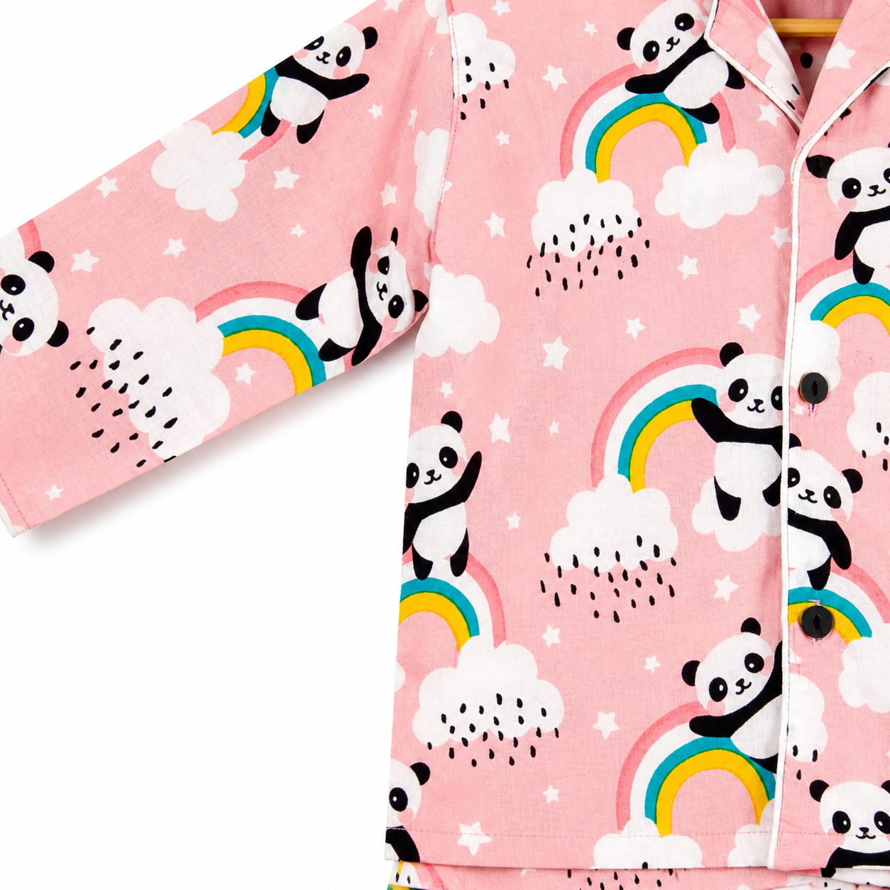 Pink fabric with panda and rainbow pattern