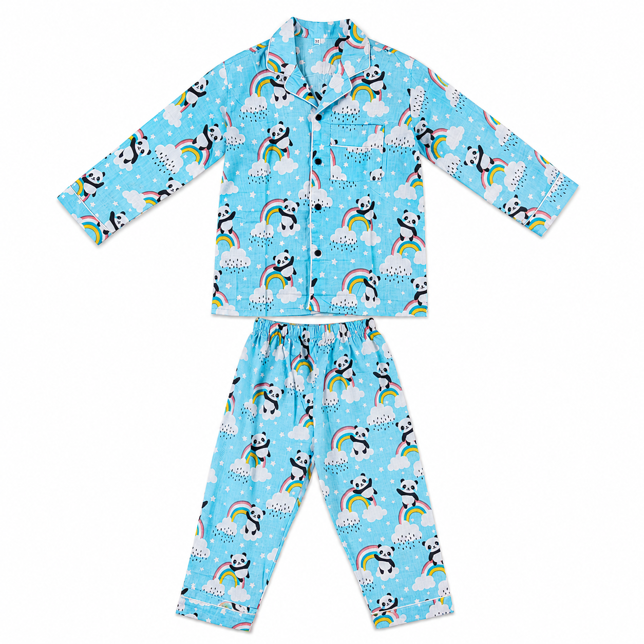 Children's pajama set with panda and rainbow pattern on a blue background
