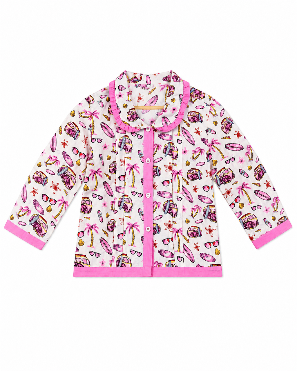 Pink tropical print pajama shirt with frill collar by Miniminks
