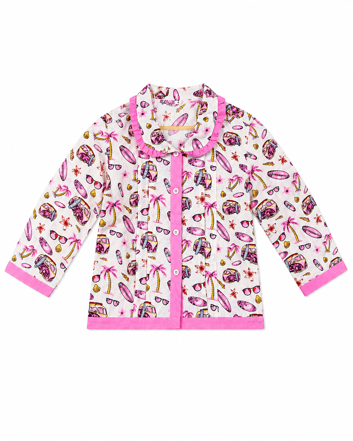 Pink tropical print pajama shirt with frill collar by Miniminks