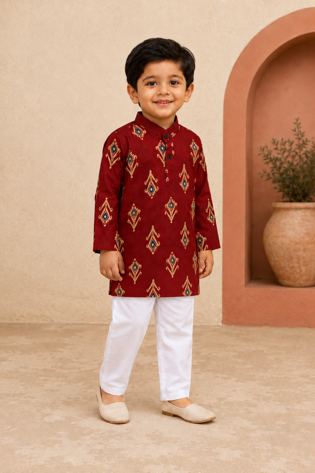 Young boy wearing a maroon kurta with white pants standing side ways against a beige wall.