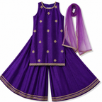 Purple traditional outfit with gold embroidery on a white background
