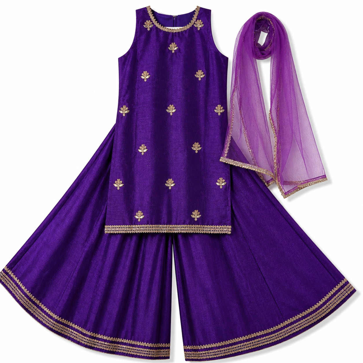 Purple traditional outfit with gold embroidery on a white background