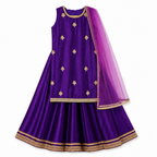 Purple traditional outfit with gold embroidery on a white background