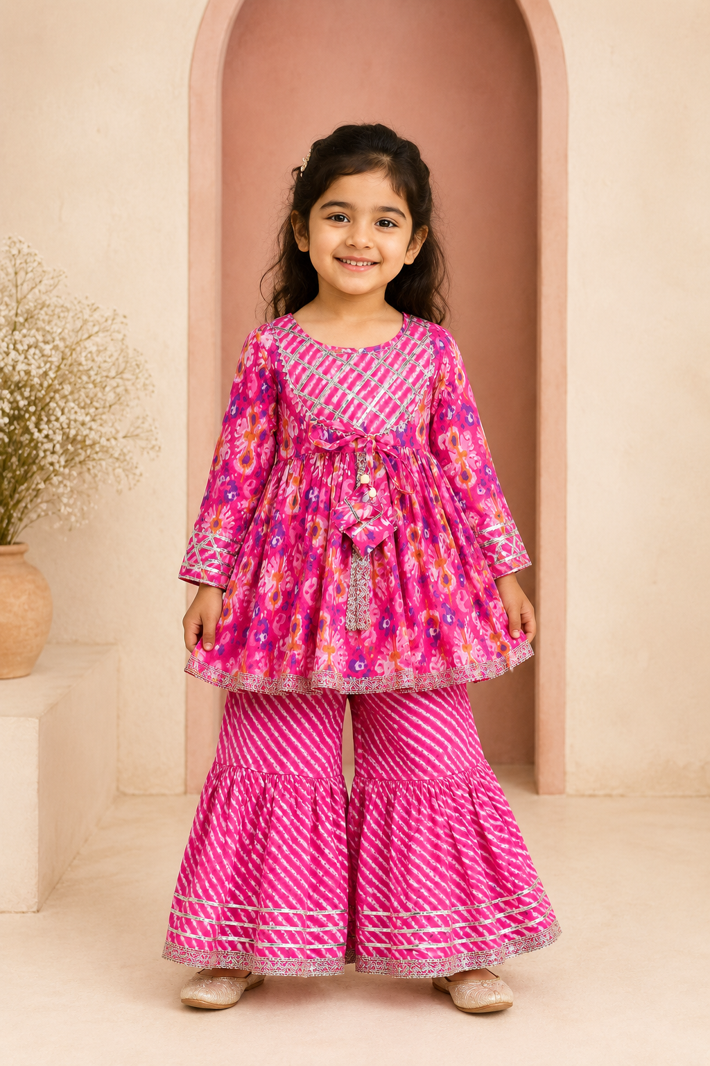 Young girl in a pink traditional outfit standing in front of a beige archway.