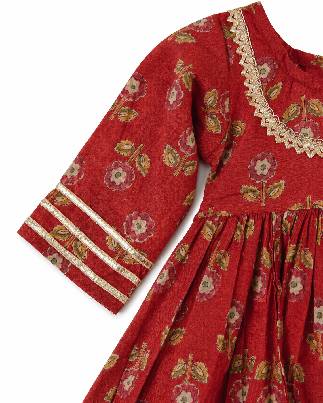 Red floral dress with gold accents on a white background