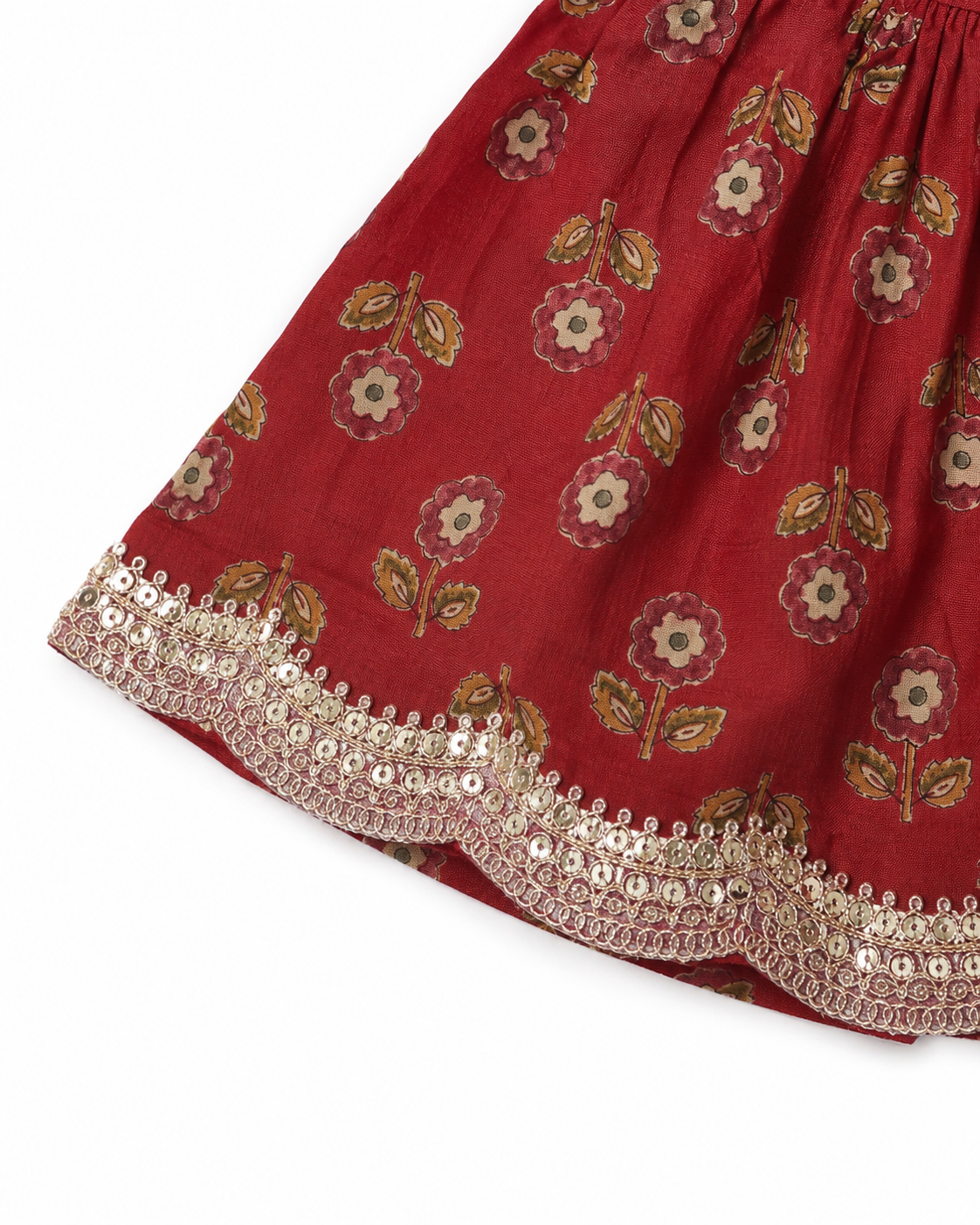 Red skirt with floral patterns and sequin trim on a white background